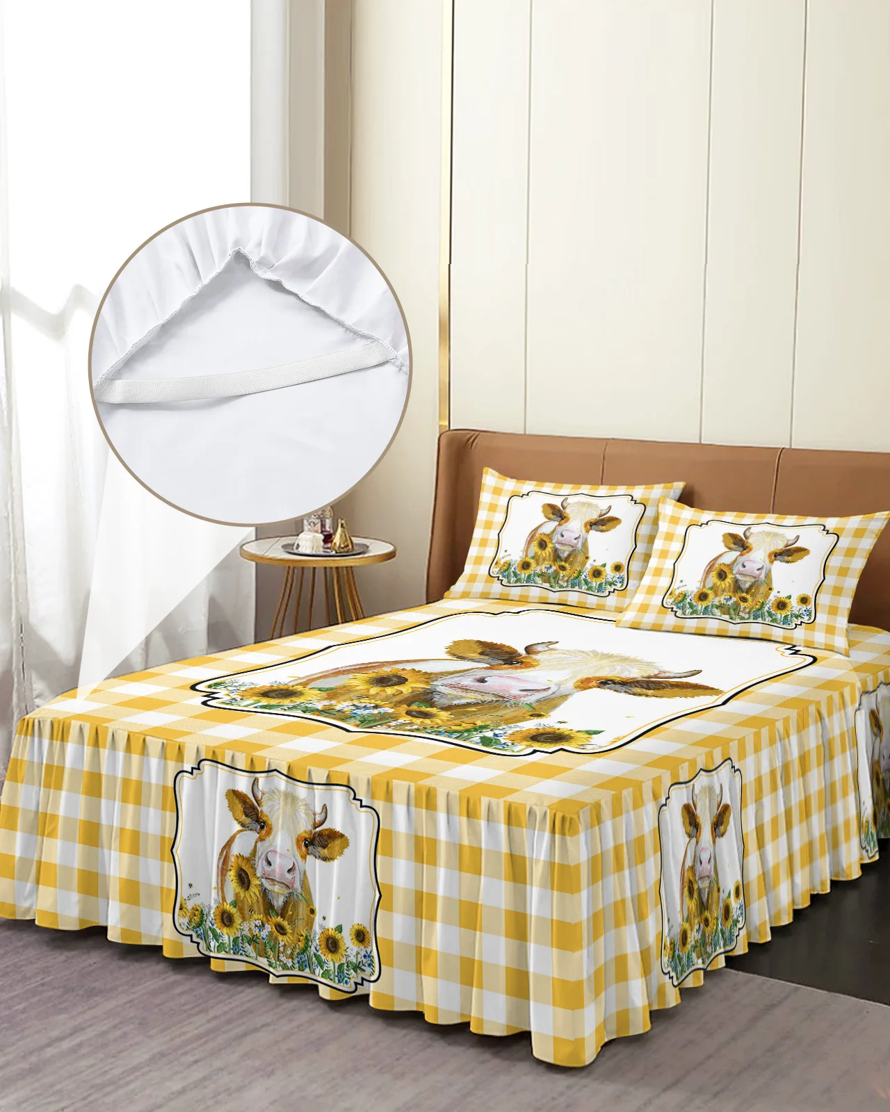 American Country Style Farm Cow Sunflower Yellow Plaid Bed Skirt Fitted Bedspread With Pillowcases Mattress Cover Bedding Set