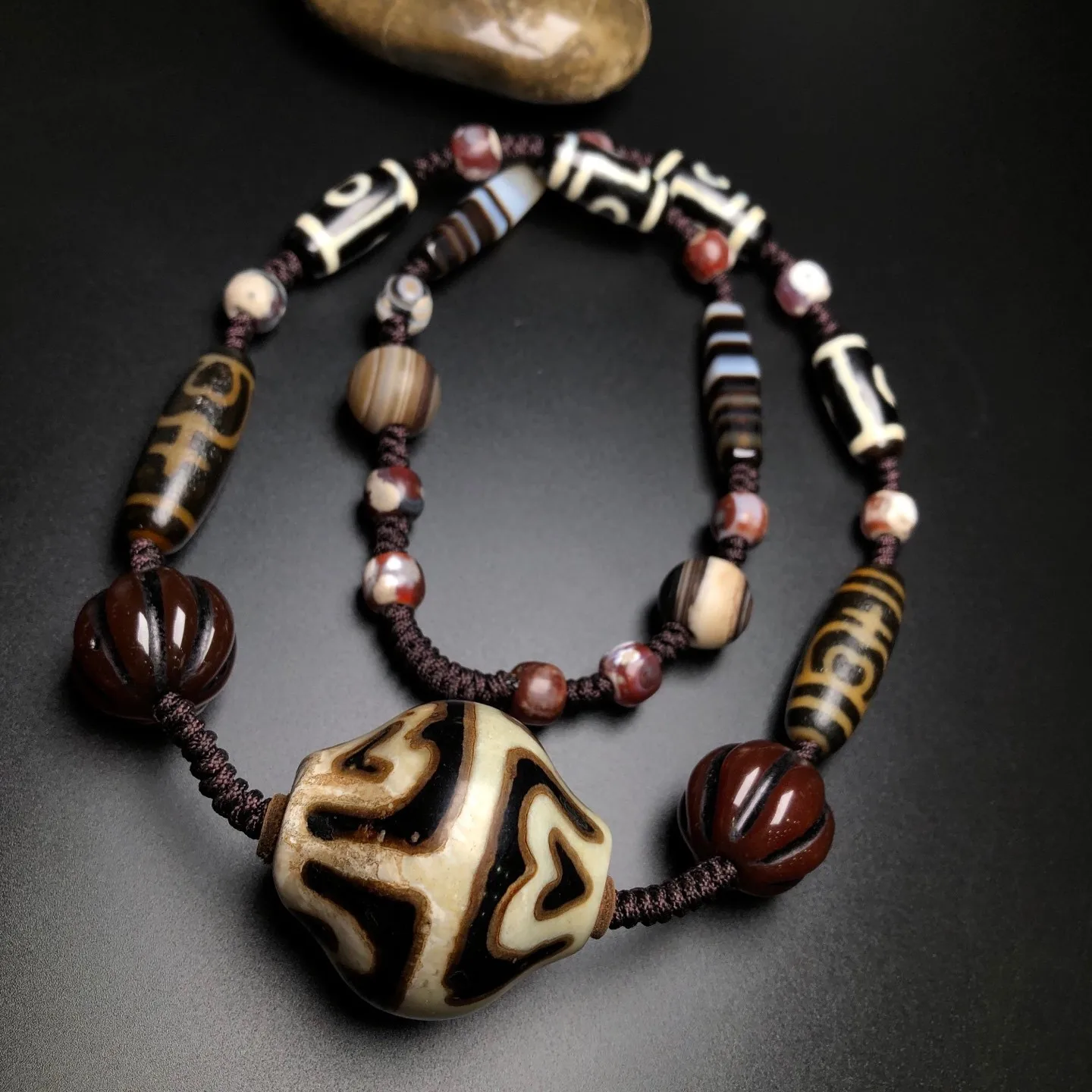 Rare Tibetan Agate Lotus&Many Treasure Dzi Bead Amulet Necklace Pendant Z2813