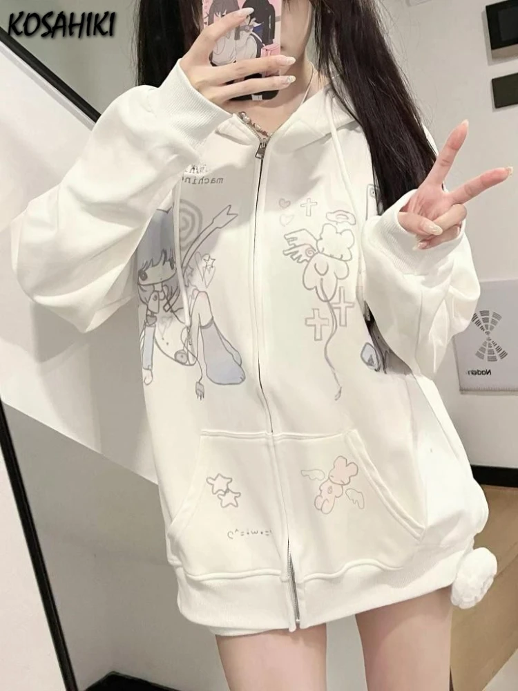 Japanese Kawaii Cartoon Print Hoodies Women Loose Sweet Pocket All Match Coats Y2k Aesthetic Cute Fashion Ins Sweatshirts Casual