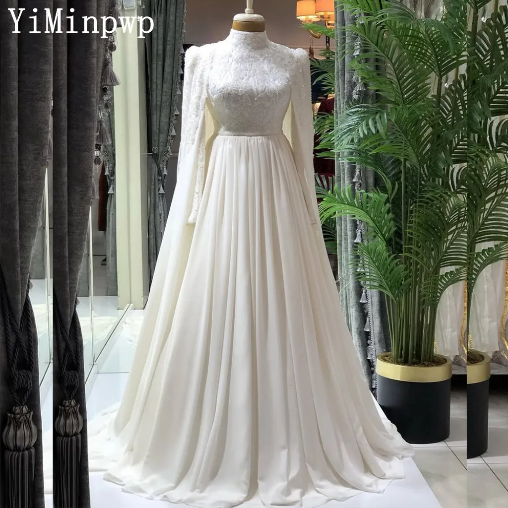 

Elegant Wedding Dresses for Bride High Collar Long Sleeve Lace up Cape Chiffon Beading Muslim Hijab Women Bridal Gown Customized