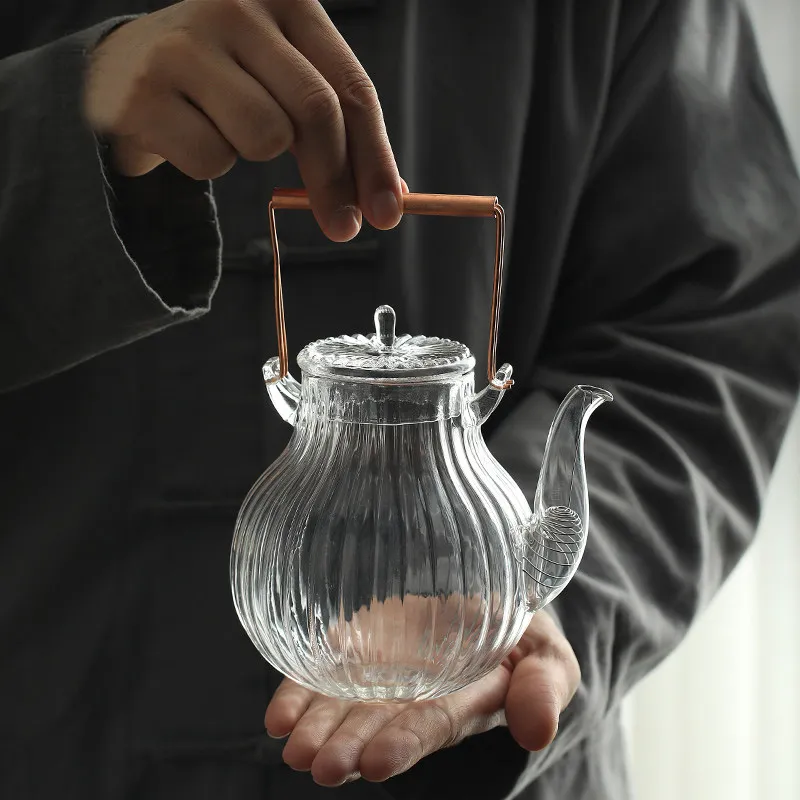 Japanese-style Glass Teapot Transparent Relief Chrysanthemum Petals Cold Bubble Pot Afternoon Tea Simple Home Decoration Modern