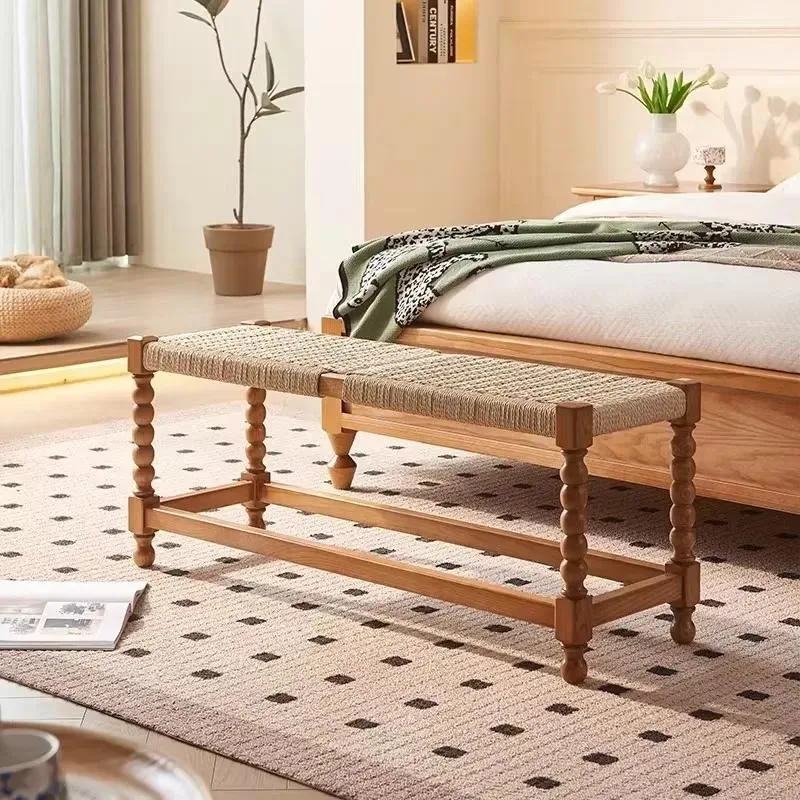 Simple Retro Solid Wood Bedside Stool Small Sofa Bench for Bedroom Living Room Designer Rope Dining Stool Compact Footrest