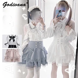 Original Mine Series Mass-Produced Lace Stitching Long Sleeve Shirt Women's Bow Blouse High Waist Skirt 2 Peice Set Outfits