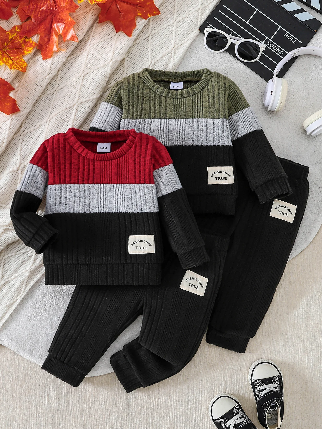 Boys' Color Block Knitted Set Top Striped + Textured Warm Pants Same Series Loose Fit Eas Movement Ideal for Kids' Active Play