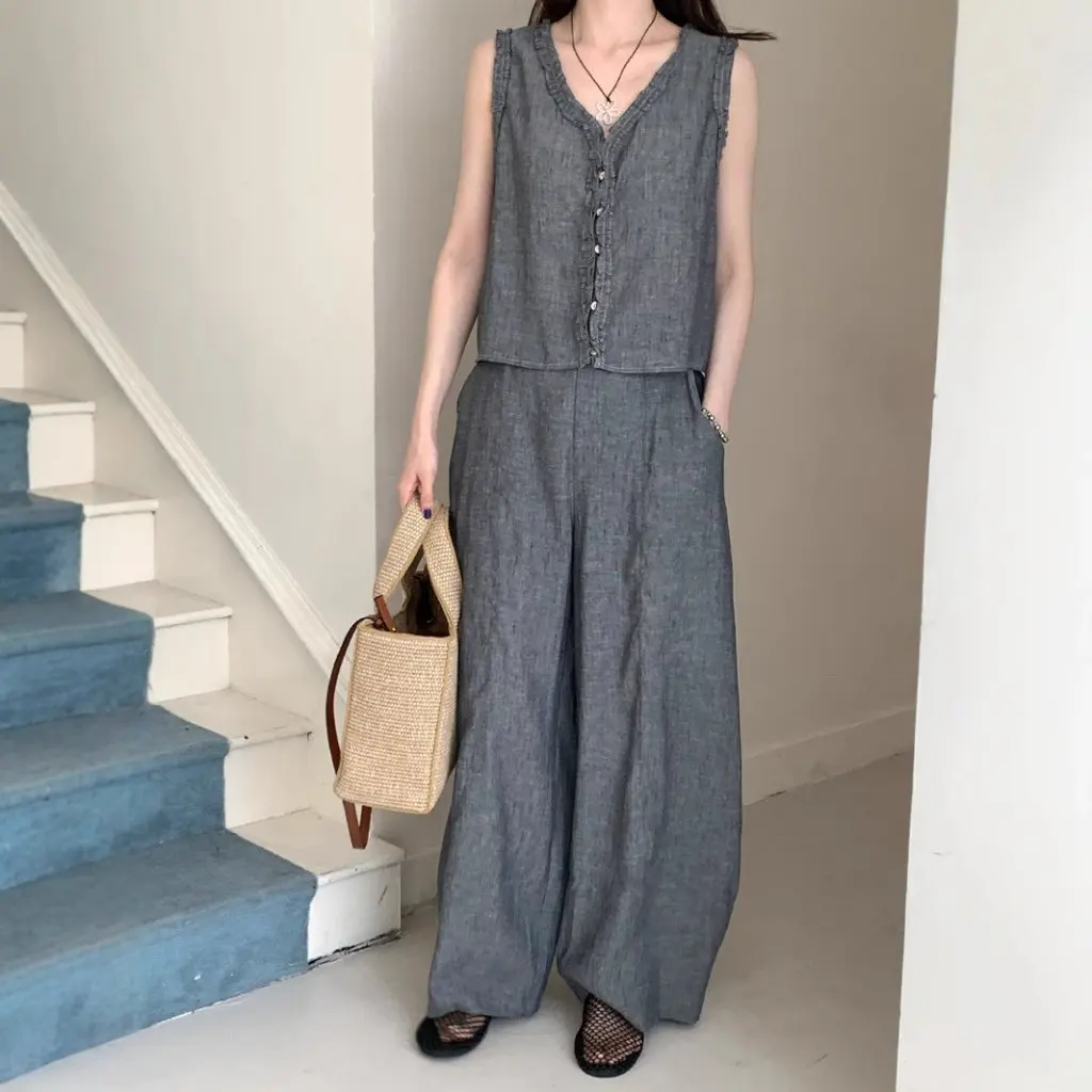 

Wei Song женский корейский стиль летний жилет со старыми деньгами топ свободные широкие брюки прямые повседневные брюки комплект