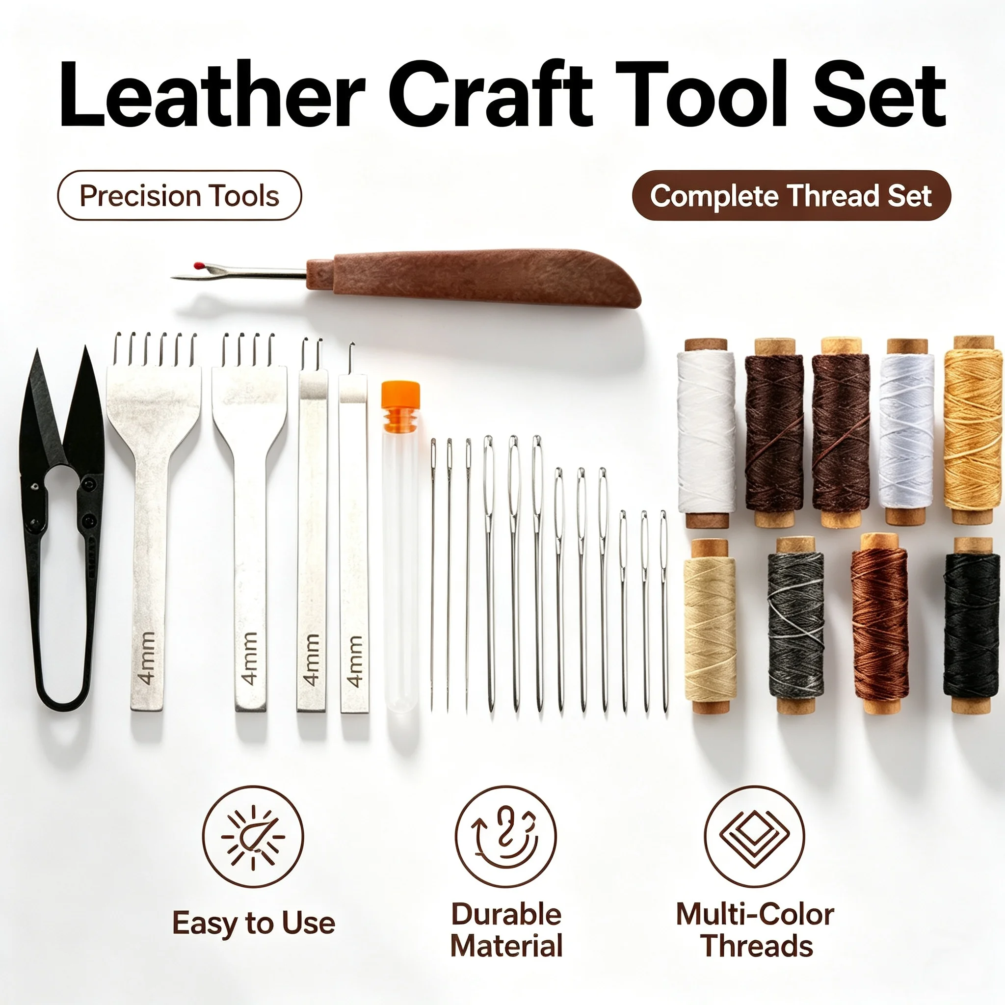 Leather Working Tools Kit, Sewing Needles Waxed Thread, Prong Punch Chisel Seam Ripper Thread Snips Scissors for Leathercraft