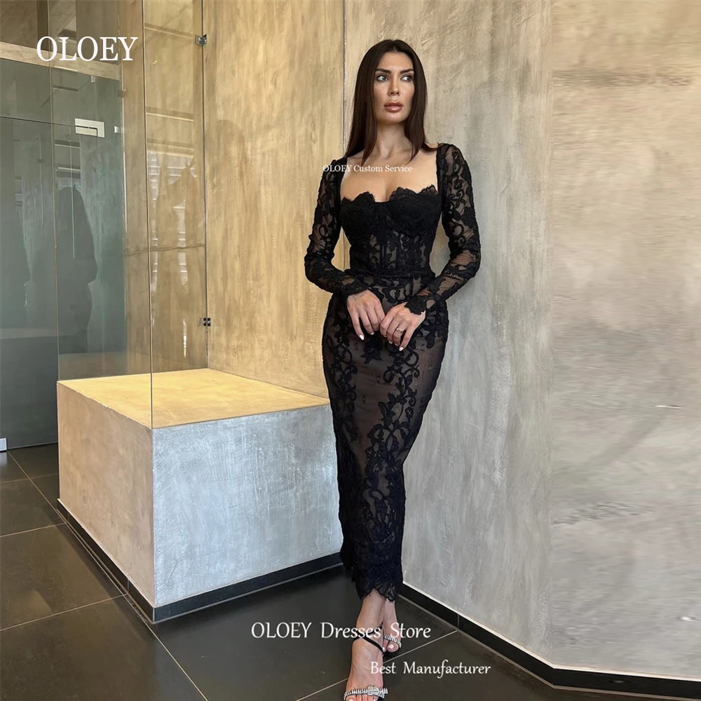 

OLOEY Modern Black Full Lace Evening Party Dresses Long Sleeves Sweetheart Ankle Length Dubai Arabic Women Prom Gowns Formal