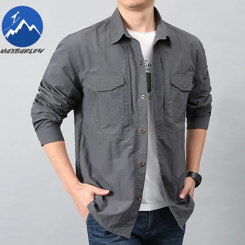 

Быстросохнущие рубашки с длинными рукавами Maxbarley, мужские 2026, уличные свободные дышащие рабочие рубашки с карманами, повседневные спортивные быстросохнущие топы для верховой езды