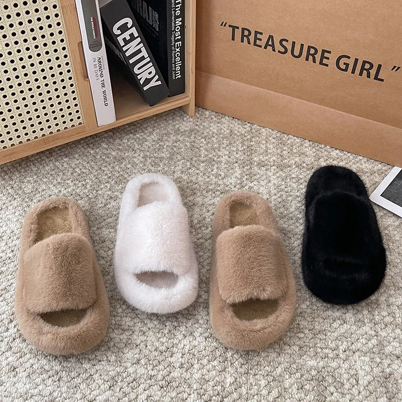 Home Slippers Women\'s Platform Shoes Female Lady Fur Flip Flops Slides 2024 Soft Plush Cotton Indoor Winter Flats