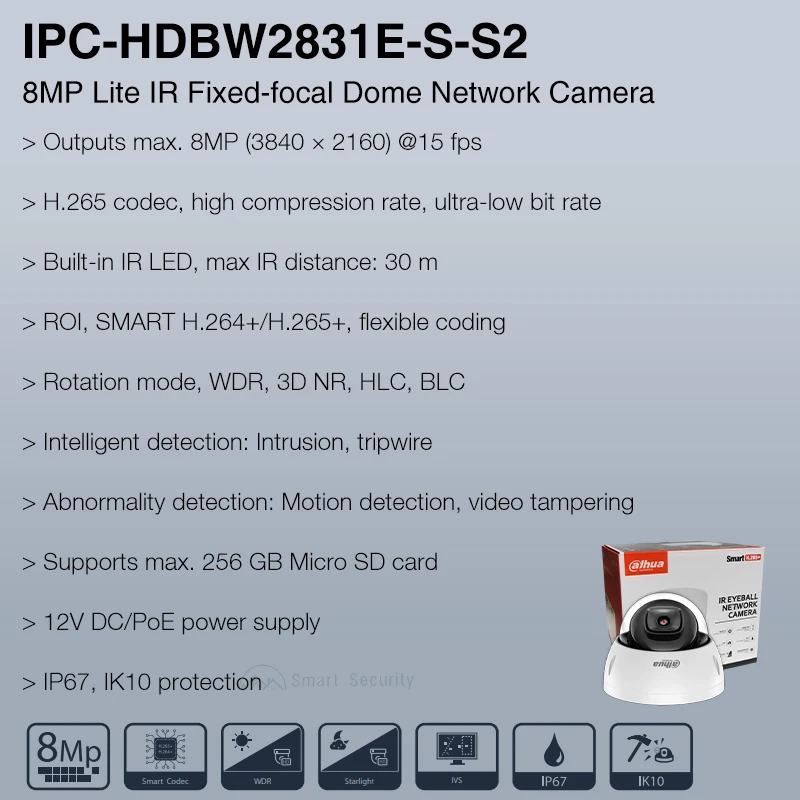 Imagem -02 - Dahua Full hd 4k Câmera Dome 8mp Outdoor Ik10 Proteção Vigilância Home Mini Cctv à Prova de Água ip Cam Ipc-hdbw2831e-s-s2 Onvif