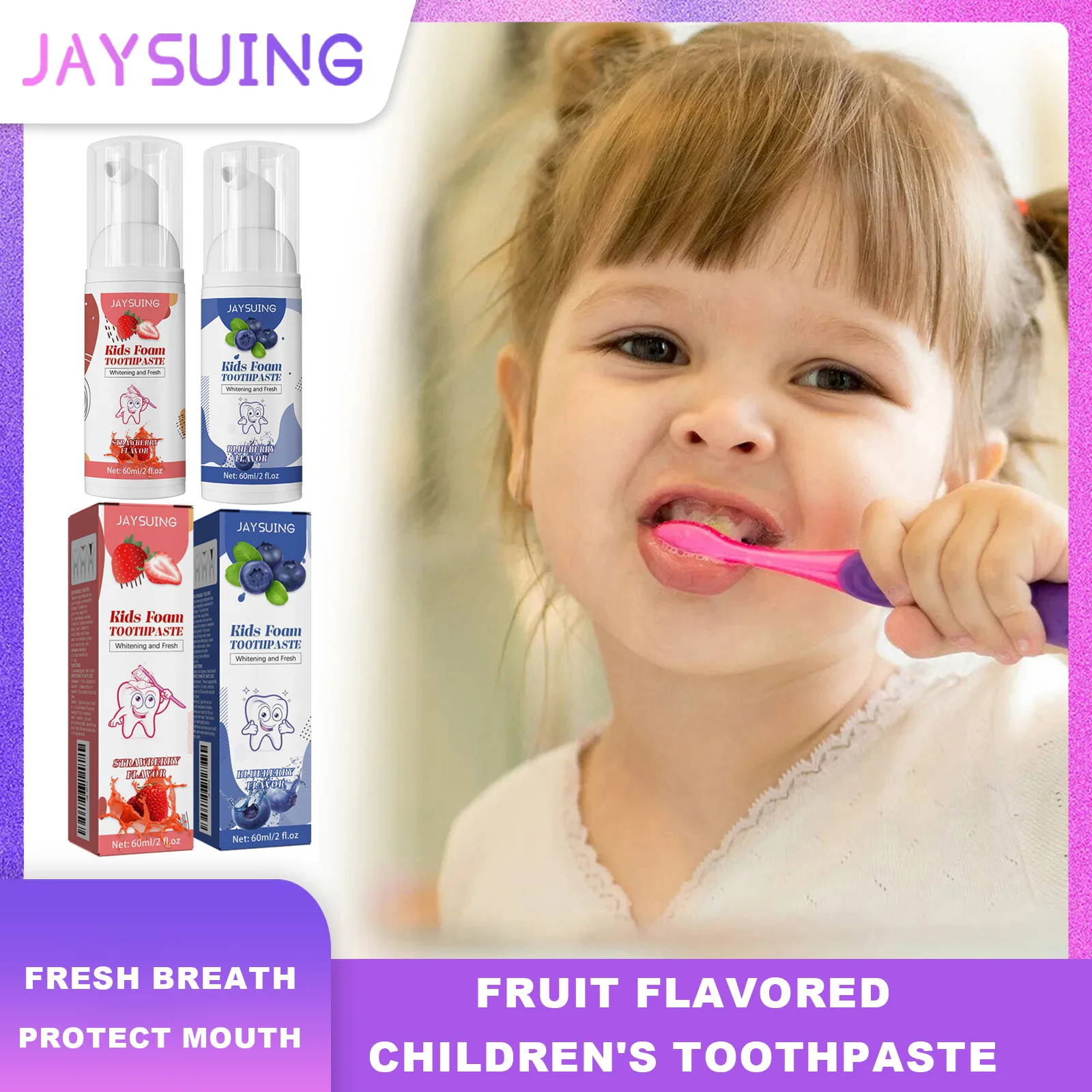 

Jaysuing Strawberry Flavored Children Foaming Toothpaste Yellow Stain Removal Teeth Whitening Products Fresh Breath Lip SkinCare