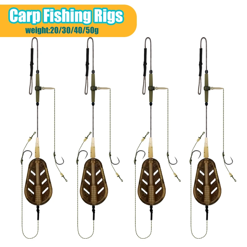 YOTO Pre-tied Carp Fishing Feeder Baits cage- 20g/30g/40g/50g Three-Line Hook Rigs with Rotating Belts