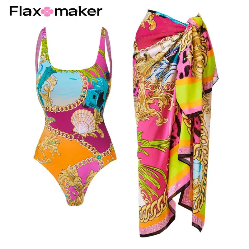 

FLAXMAKER Round Neck Shell Printed One Piece Swimsuit and Sarong Clearance Wholesale