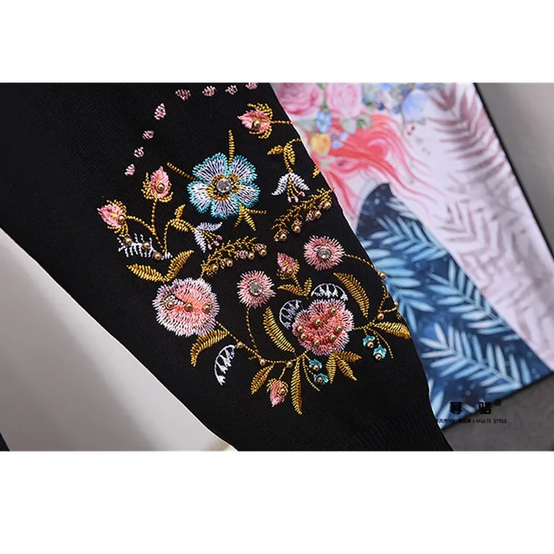 

Осенне-зимний черный спортивный костюм, вязаный комплект, женский свитер с цветочной вышивкой, повседневные брюки, женские свободные наряды из двух предметов, женский костюм