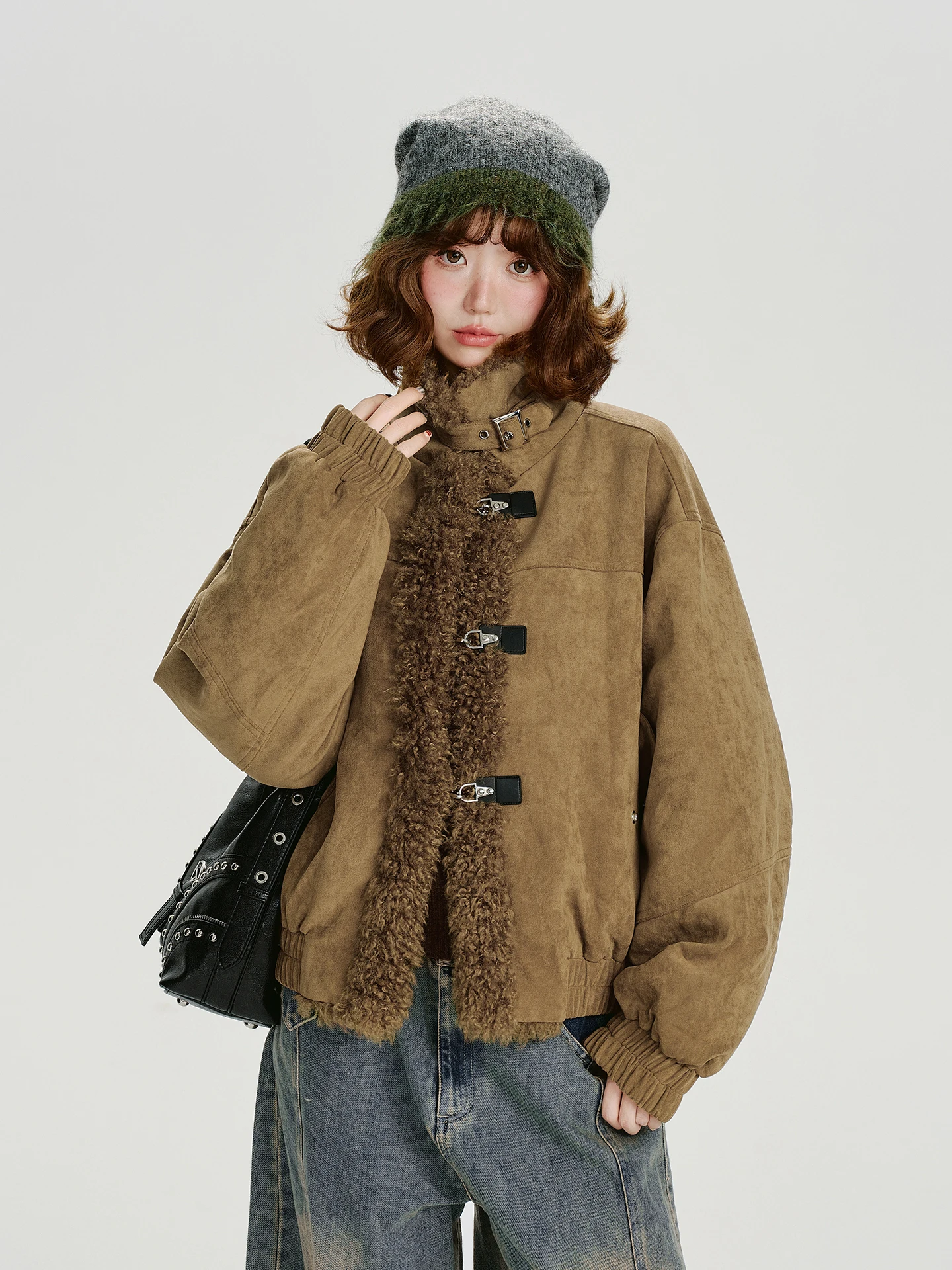 

Girly American Retro Suede Lamb Fur Patchwork Cotton Jaet Women Winter New Thiened Cotton Clothes Casual Sle Standa...