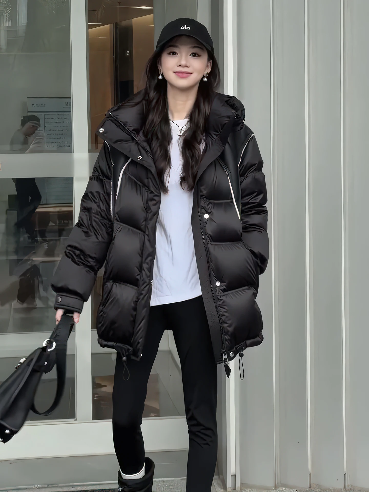 

Korean Sle Loose Fit Bla Hooded Women's down Jaet Winter Warm Plump Bread Sle Outerwear Coat Thiened Long Sve