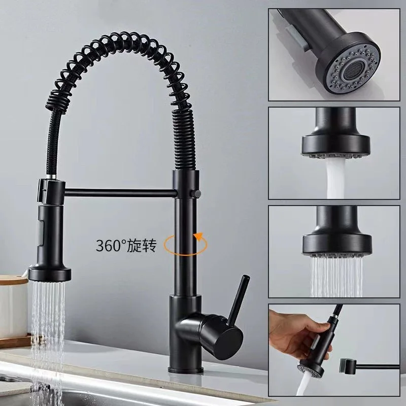 304 Stainless Steel Spring Pull-out Kitchen Faucet Retractable Rotary Multi-functional Hot and Cold Sink Faucet