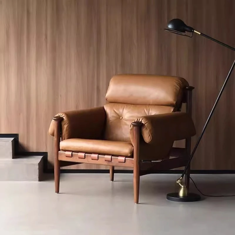 Solid wood single sofa chair French retro ash wood leather lazy bedroom designer casual can lie light luxury