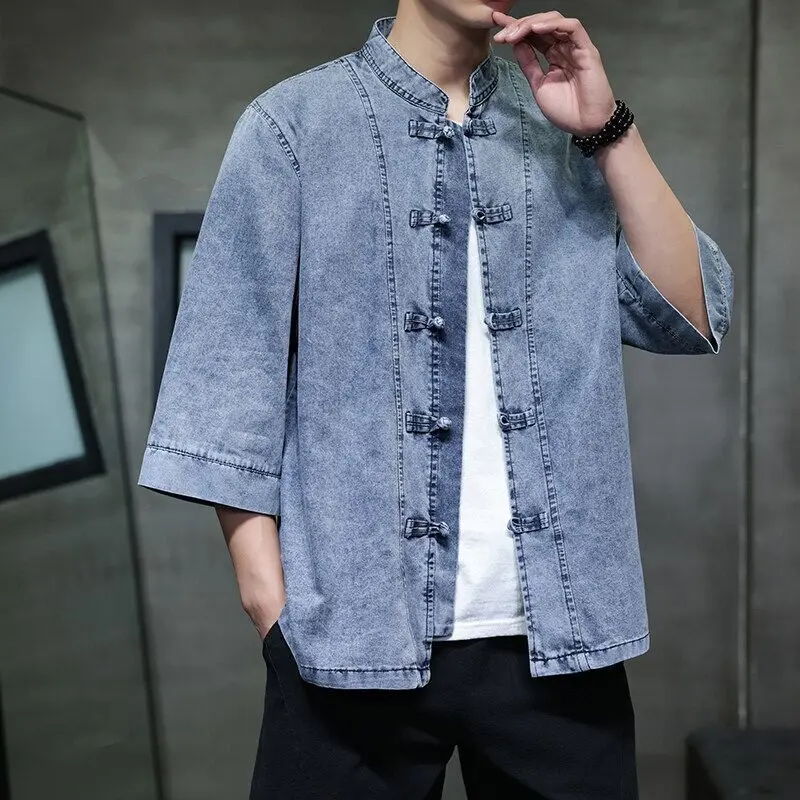 Men's Retro Denim Short Sleeve Shirt Large Size Button up Tang Suit New Chinese Style Seven Sleeve Outerwear Summer Shirt