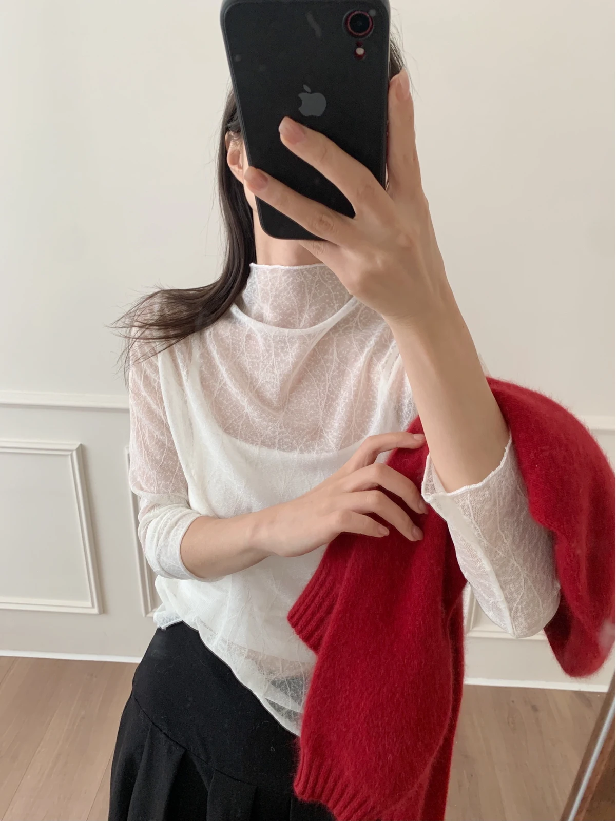 

French Style Lace Hollow out Long Sleeve T-Shirt Women's Half High Collar Top Fashion Sensation Base Shirt Inner Wear