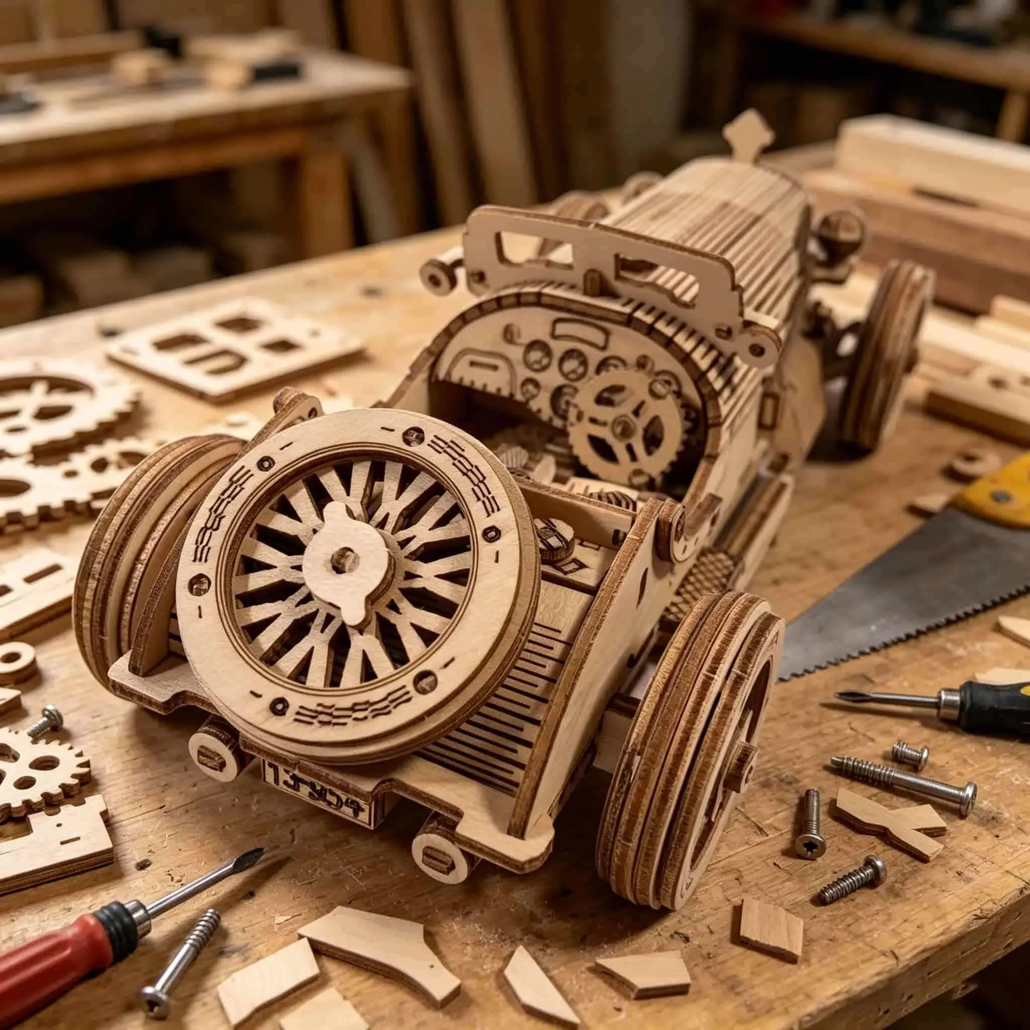 3D Puzzle Model of a Vintage Sports Car, DIY Wooden Model Kit, Creative Gift for Holidays or Birthdays