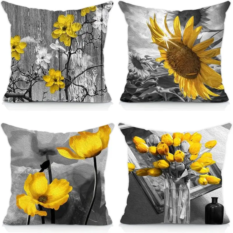 Flower sunflower Throw Pillow Covers Decorative Pillow Covers Couch Bed Sofa Floral Square Pillow Cover yellow Black Linen