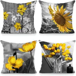 Flower sunflower Throw Pillow Covers Decorative Pillow Covers Couch Bed Sofa Floral Square Pillow Cover yellow Black Linen