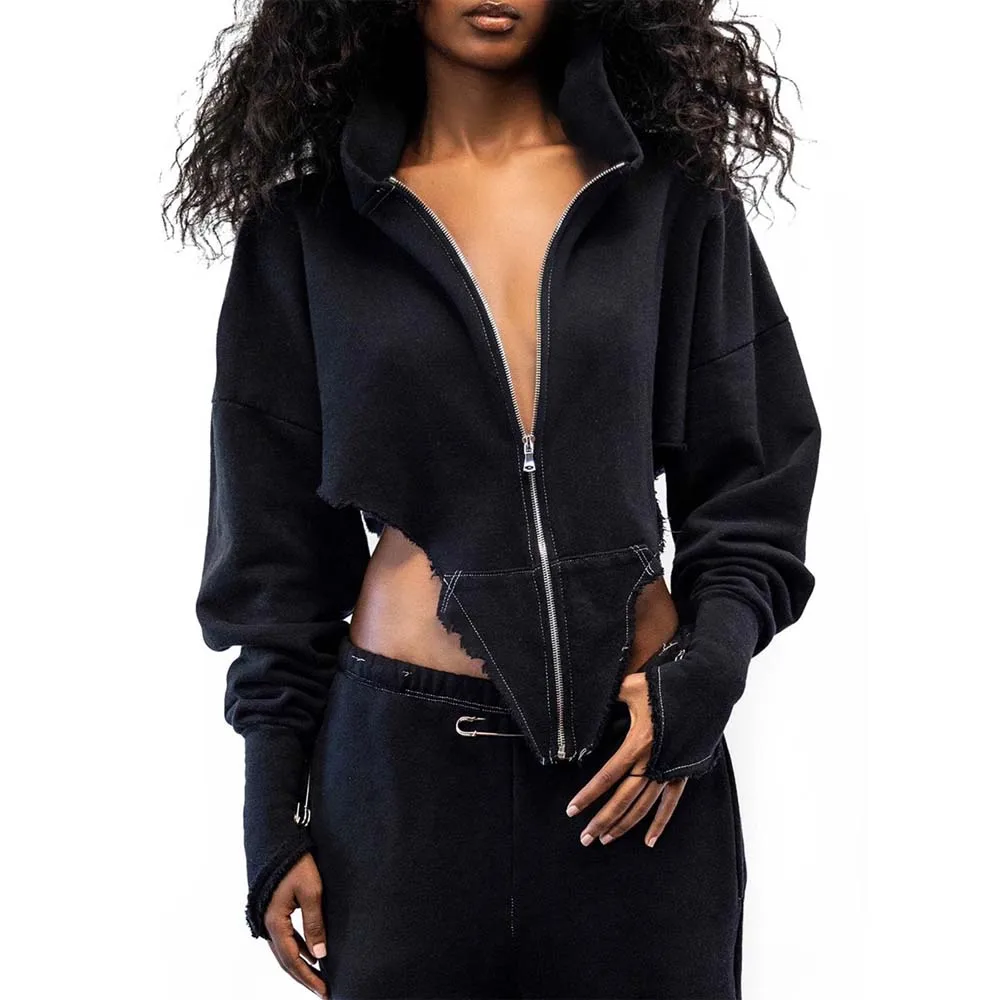 Elegant Ladies Hoodies Outwears Hooded Full Sleeve Zipper Closure Asymmetric High Quality Female Modest Street Wear Hoodies Coat