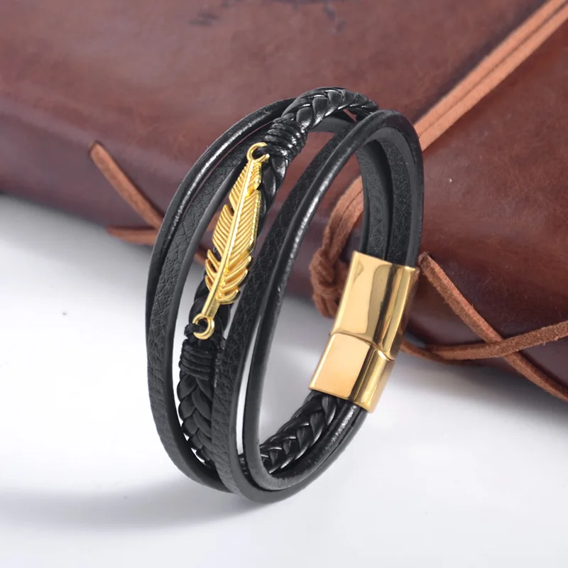 Punk Personality  Retro Business style  Leather Stainless steel Feathers  Multiple layers Weaving Snap fastener  Wristband
