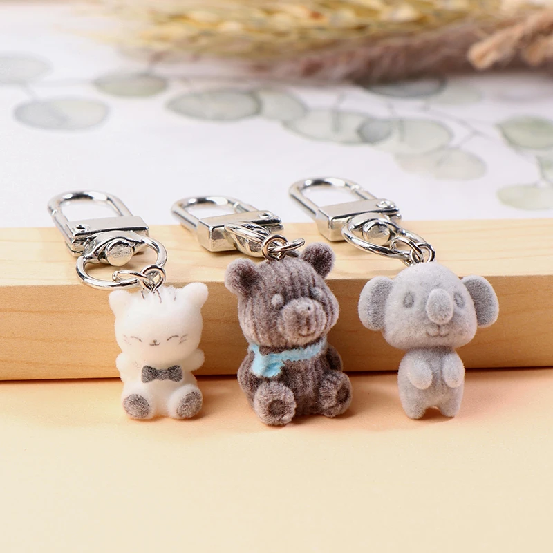 Kawaii Flocking Cat Keychain Cartoon Koala Bear Phone Pendant Headphone Case Charm Backpack Bag Decor Car Key Ring