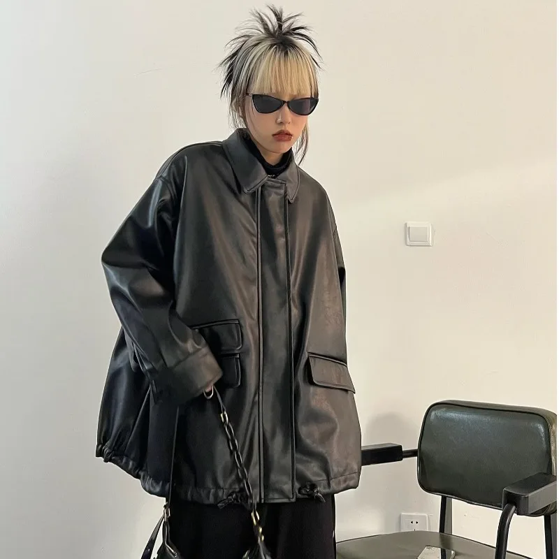 2024 novo preto casacos de couro do plutônio e jaquetas mulheres bolso manga longa y2k gótico outono primavera senhoras jaqueta outerwear streetwear