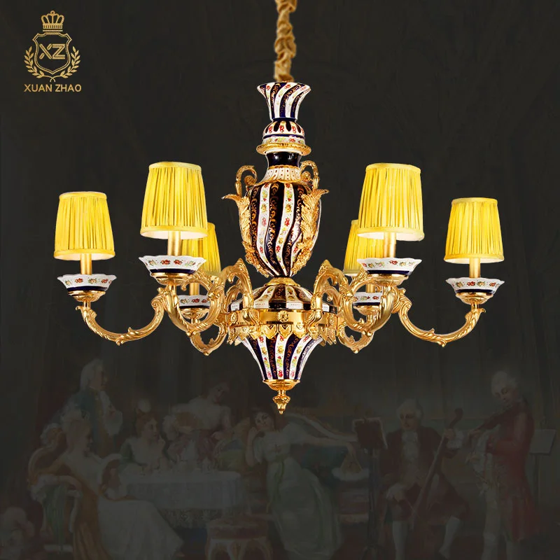 XUANZHAO French Luxury Exquisite Porcelain Decorative Copper Lamp Classical Style Cylindrical Fabric Shade Chandelier