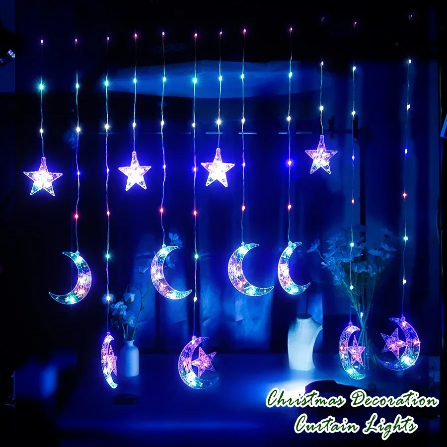 Christmas Star-MoonCurtain Lights EU Plug LED Flashing Fairy String Lights,Waterproof for Holiday Party Wedding Xmas Tree Decor