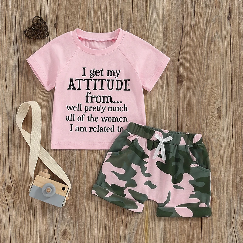 WZTYYDS Toddler Kids Baby Girl Summer Clothes 1T 2T 3T 4T 5T Letter Print Short Sleeve T-Shirt Tops Camouflage Shorts Outfits