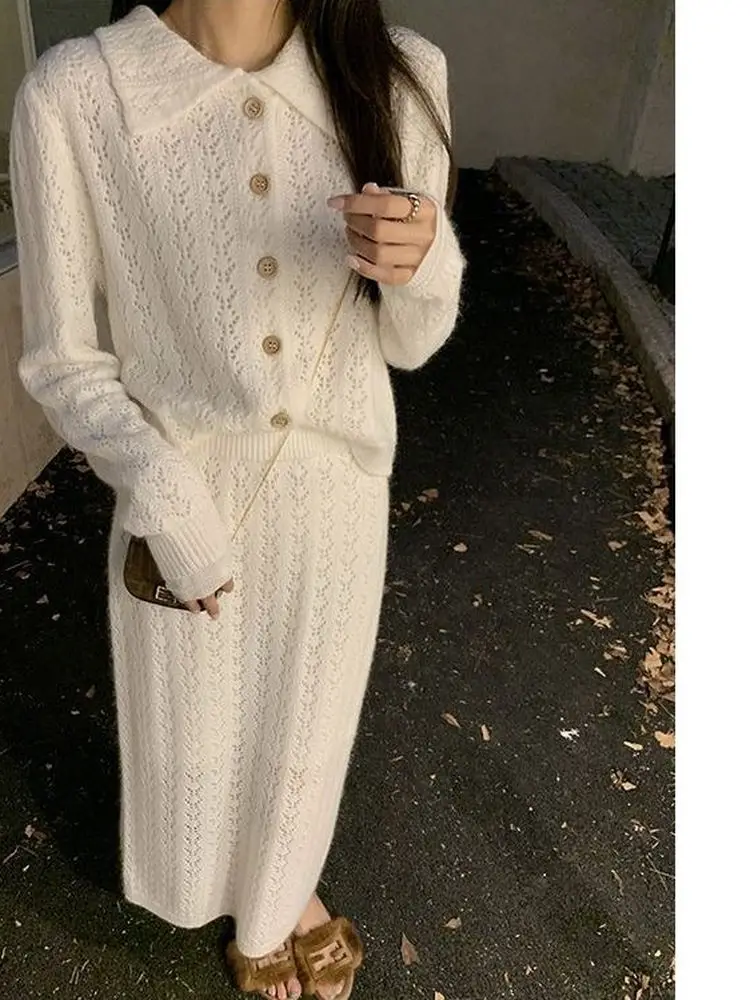 

VIBE Autumn Winter Gentle Style Hollow out Knitted Cardigan And Midi Skirt Slimming Two Piece Set for Women French Style Loos...