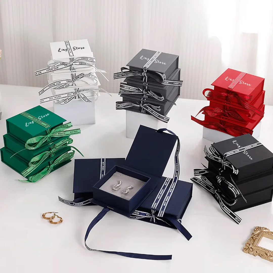 

24Pcs Peronalized Logo Jewelry Packaging Flap Ribbon Box Earrings Rings Bracelet Stud Pendant Necklace Organizer Case Keychain