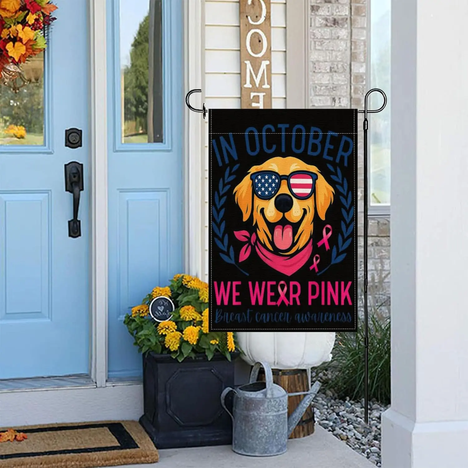 Golden Retriever Patriotic Dog Breast Cancer Awareness Garden Flags,Double Sided Yard Flag Banners for Outside Holiday Yard  PPM