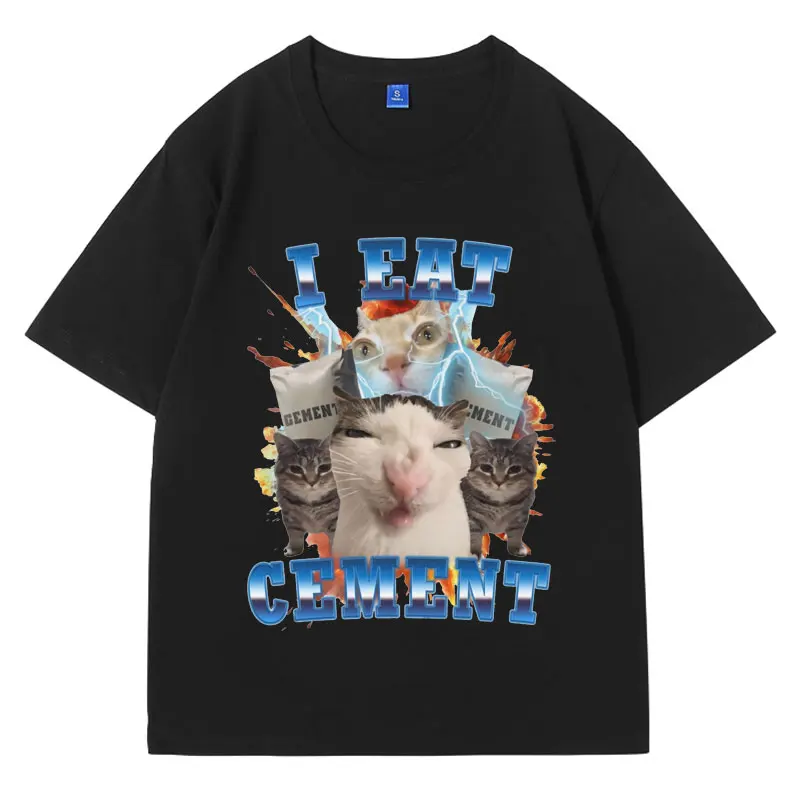 I Eat Cement Funny Cat Meme T Shirt Men's Clothing Retro Fashion Short Sleeve T-shirt Oversized 100% Cotton Tees Male Streetwear