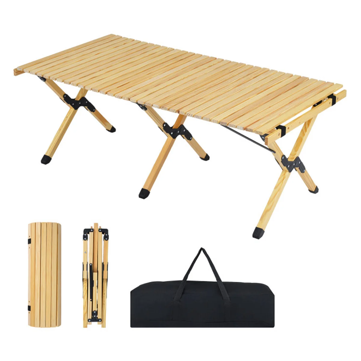 

48"×24" Foldable Pine Wood Camping Table Portable Roll Up Beach Table with Carry Bag