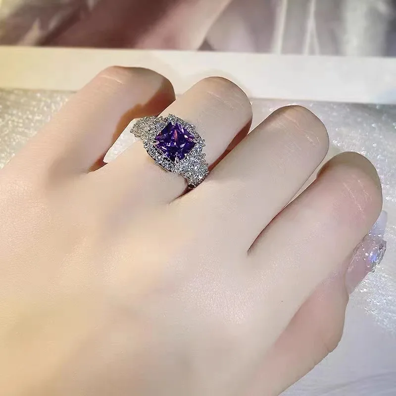 Sparkling Purple Amethyst Ring Full Pavé Zirconia Halo Setting Luxury Jewelry Romantic Love Anniversary Gift for Her