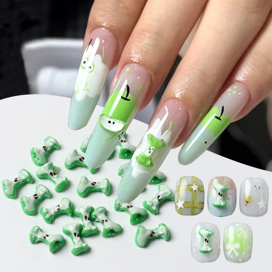 3D Realistic Bitting Green Apple Nail Charms Resin Fruit Series Apple Chip Acrylic Nail Art Decoration Manicure Supplies
