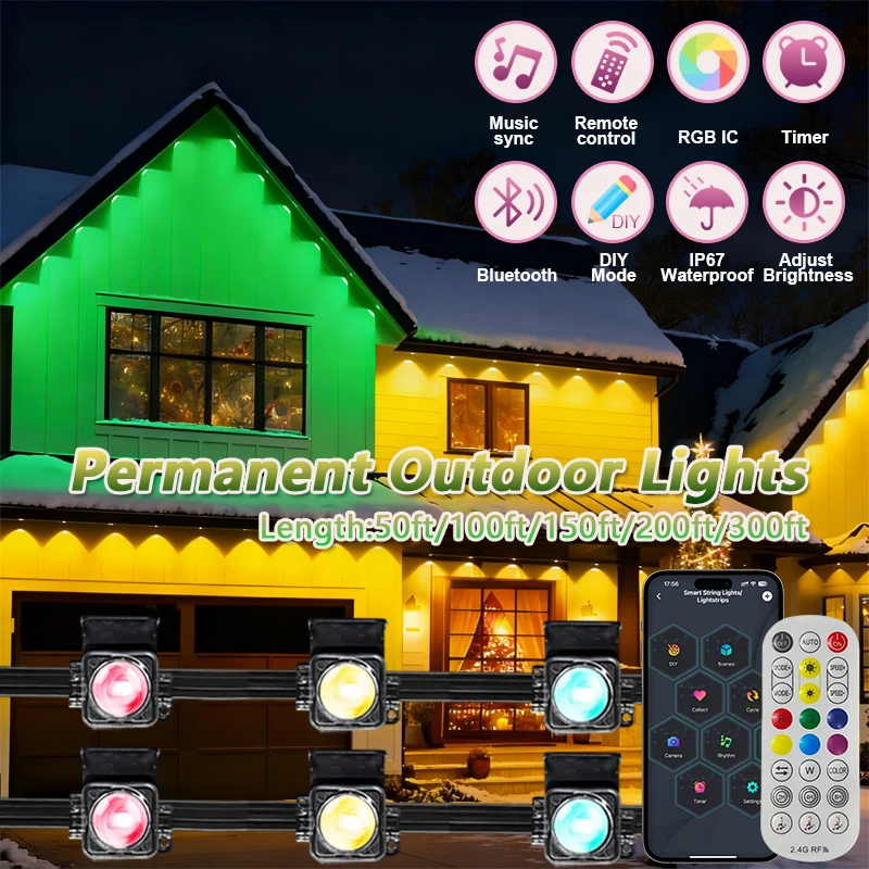 Lumières extérieures permanentes intelligentes RGBIC avant-toit lumières App et télécommande IP67 éclairage étanche pour la décoration de noël du toit de la maison