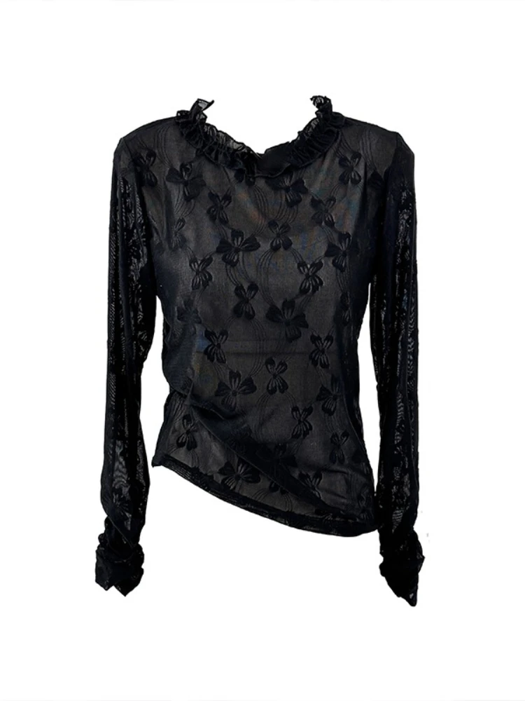 原宿ヴィンテージエレガントシックトップス女性スリムフィット長袖中空蝶シアーシャツカジュアルファッションオフィスレディブラウス