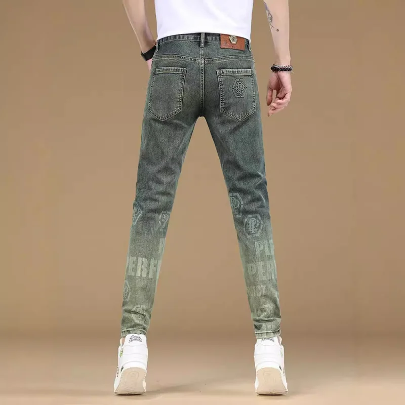 Spring and Summer New Retro Printed Jeans Men's Slim Fit Skinny Stretch High-End Affordable Luxury Fashion Denim Casual Trousers