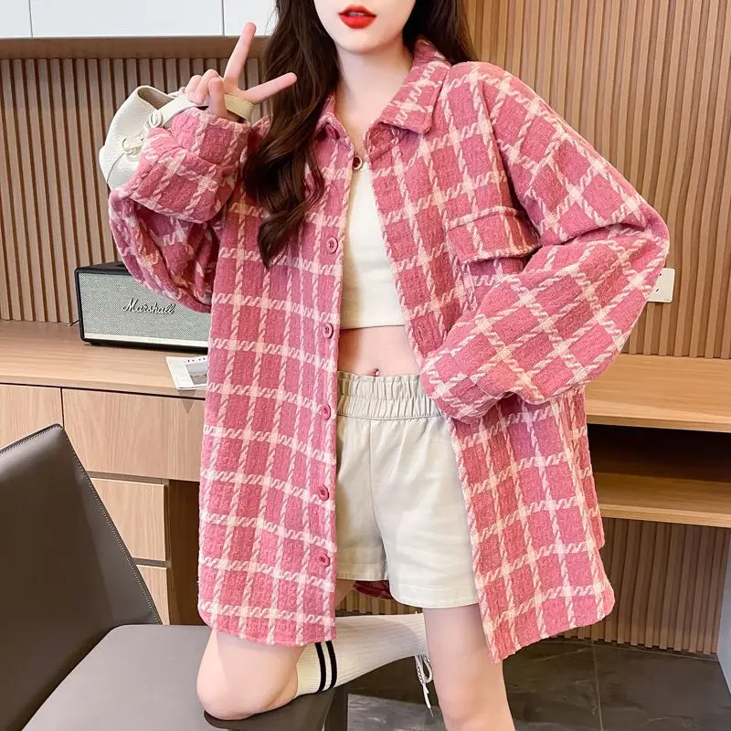 Women 2025 Polo Neck Shirts Autumn New Girl Slim Belly Covering Women Mid-length Retro Plaid Shirts Top Outerwear Spring