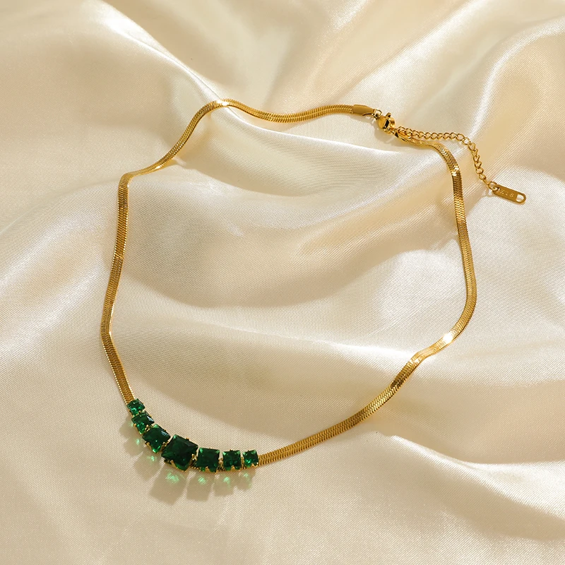 Leilileck-女性用ジルコンネックレス,ステンレス鋼,グリーンクリスタル,ゴールドカラー,スネークチェーン,高品質,316l