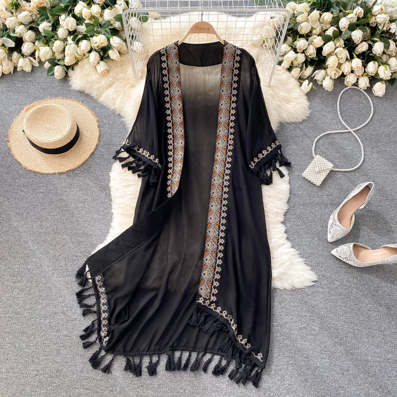 Sexy Bohemia Tassel Embroidery Sheer Loose Beach Cover Up Long Cover-ups Vacation Beach Dress Beach Wear Beachwear Female Women