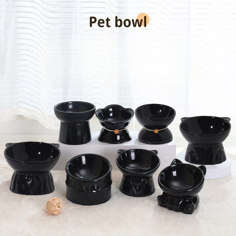 Ceramic Cervical Protection Bowl Drinking Water Slanted Eating Basin High Feet Tall Dog Cat Bowl Tableware Pet Product Black 1Pc