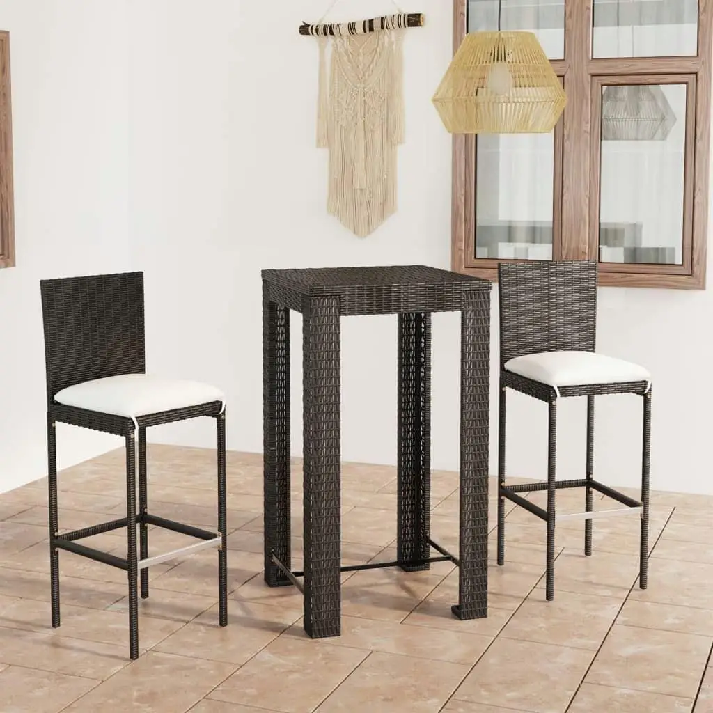 3-Piece Black Poly Rattan Patio Bar Set with Cushions - Outdoor Furniture