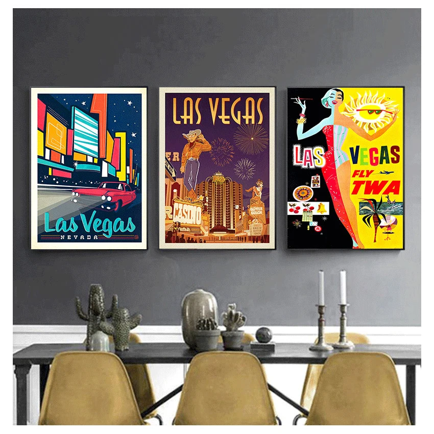 Poster Canvas Paintings Vintage Wall Kraft Posters Coated Stickers Home Decor Pictures Gift America Las Vegas City Travel